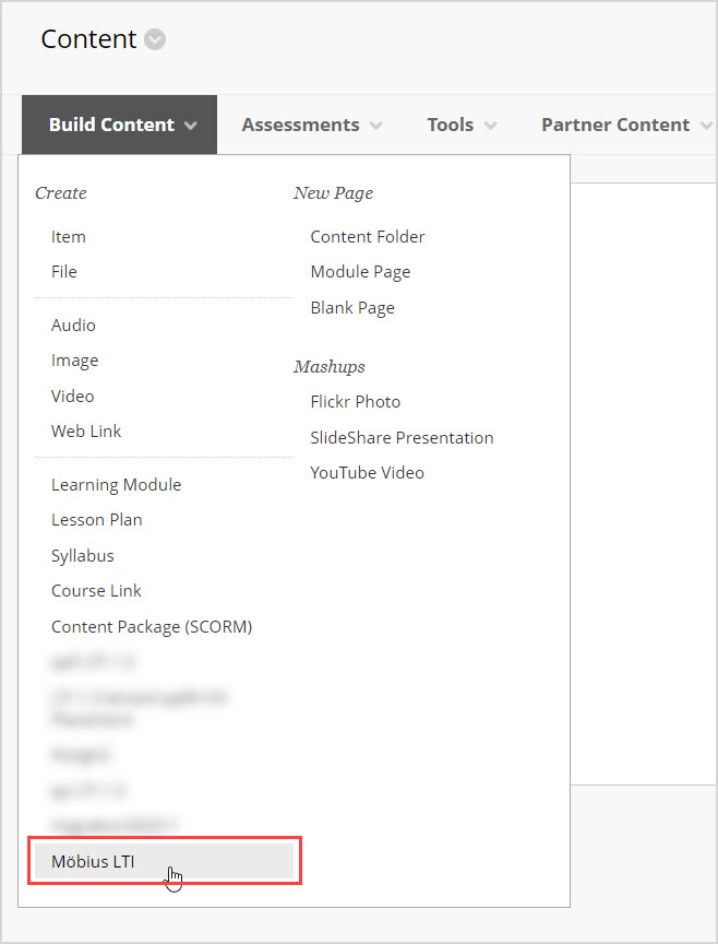 On the Content page in Blackboard course, the Build Content dropdown menu is open and Mobius LTI option is highlighted.